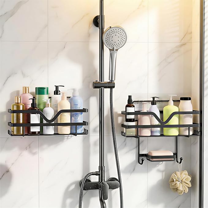Shower Caddy 3 Pack - Shower Organizer Shelves Rack Rustproof No Drill Self Adhesive Shower Caddies with Soap Dish & Side Hooks for Bathroom Kitchen Storage, Black