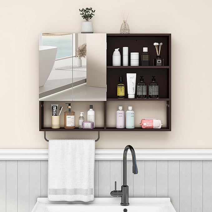 Medicine Cabinet, Wooden Bathroom Wall Cabinet with 2 Doors, Adjustable Shelves & Towel Bar, Over Toilet Storage Cabinet Wall Mounted for Laundry with Mirror, Espresso