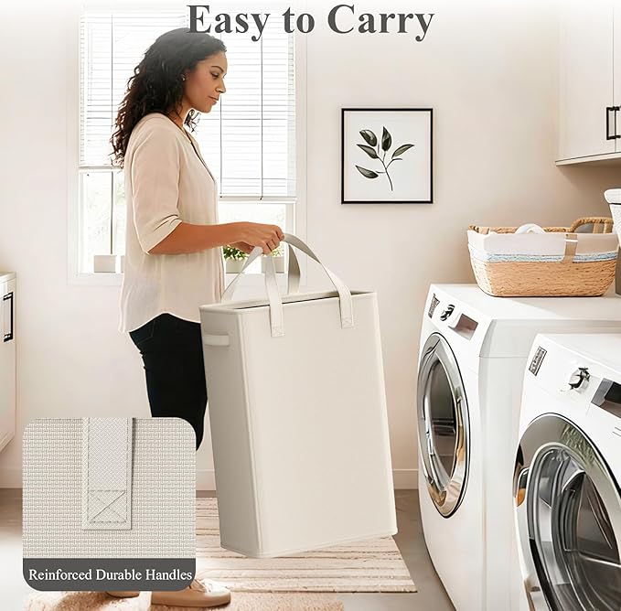 50L Baby Laundry Hamper for Nursery, Slim Laundry Hampery with Handles, Narrow Laundry Basket for Dorm, Bedroom, Living Room, Collapsible Laundry Basket, White