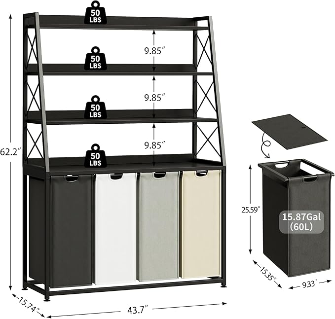 Laundry Basket, 4 Section Laundry Hamper with 4 Tiers Shelf, Pull-Out and Removable Laundry Bags, Large 4 x 15.87 Gallons, for Laundry Room Bathroom Black PF12XLK