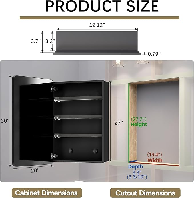 Medicine Cabinet 20x30 Inch, Aluminum Bathroom Mirror Cabinet with Storage, Recessed or Surface Mount, Black Vanity Storage Unit with 3 Anti-Tip Adjustable Acrylic Shelves, Soft Close Hinge