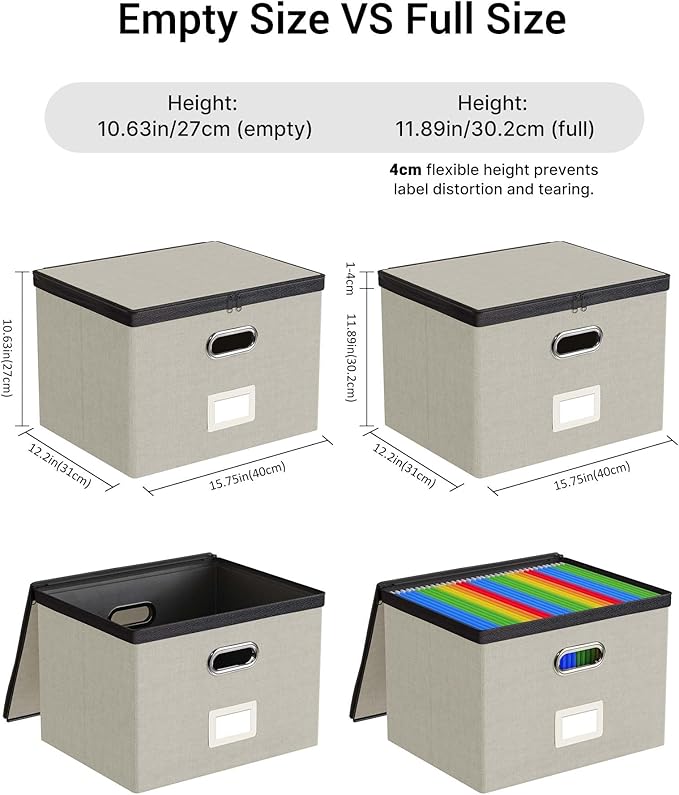 Oterri File Organizer Boxes with Lids, File Box with Mesh Pockets, Document Organizer Box for Letter Size Folders, Zippers Important Document Organizer (Beige, Large-2 Pack Without Folders)