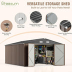 Greesum 10×14 FT Outdoor Storage Shed, Metal Storaged Sheds Without Floor, Tool Sheds with Lockable Doors and Sloping Roof for Garden, Patio, Brown