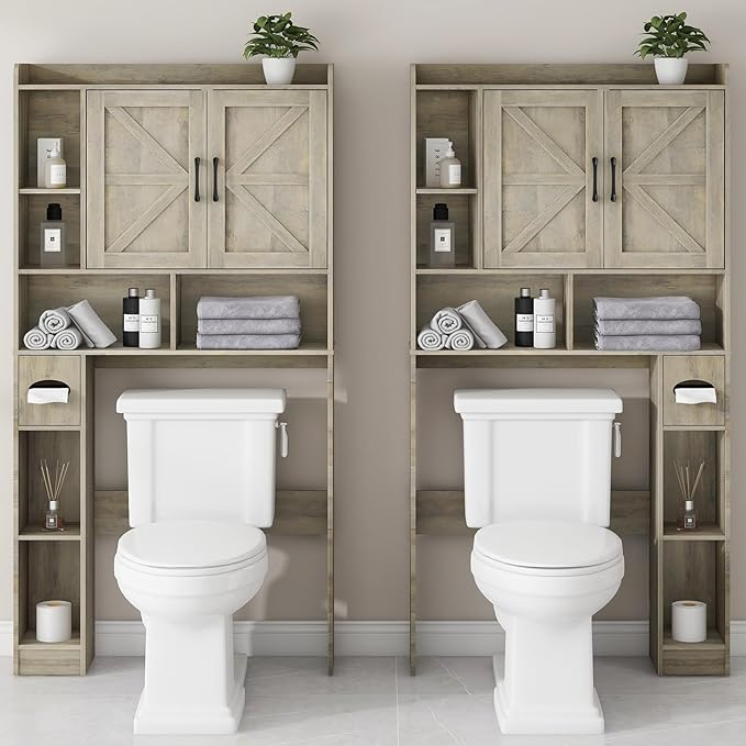 Vabches Over The Toilet Storage Cabinet, Farmhouse Storage Cabinet Over Toilet with 2 Barn Door & Toilet Paper Holder Stand，Home Space-Saving Toilet Rack, for Bathroom, Restroom, Laundry