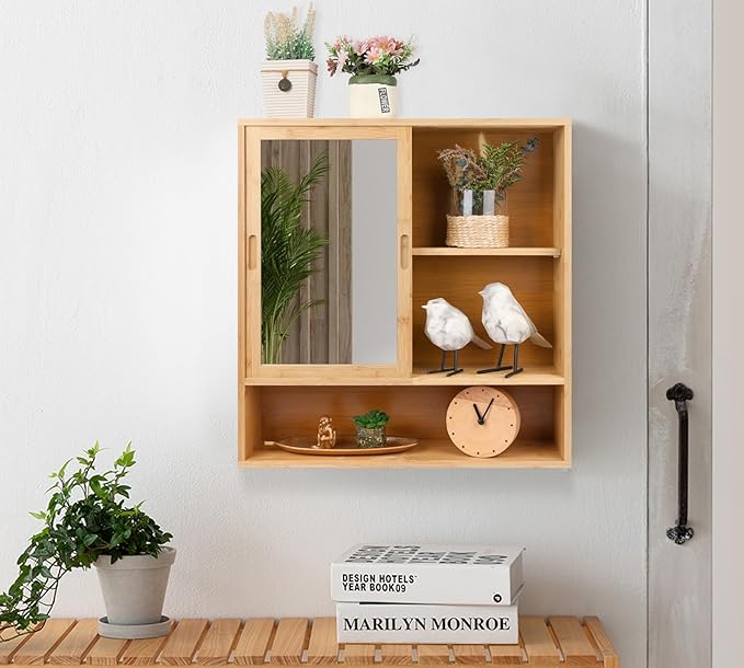 ZYBT Bamboo Bathroom Cabinet,Mirrored Medicine Cabinets,Bathroom Cabinet Wall Mounted with Storage,Medicine Cabinets with Mirror,Over The Toilet Storage with 2 Sliding Doors