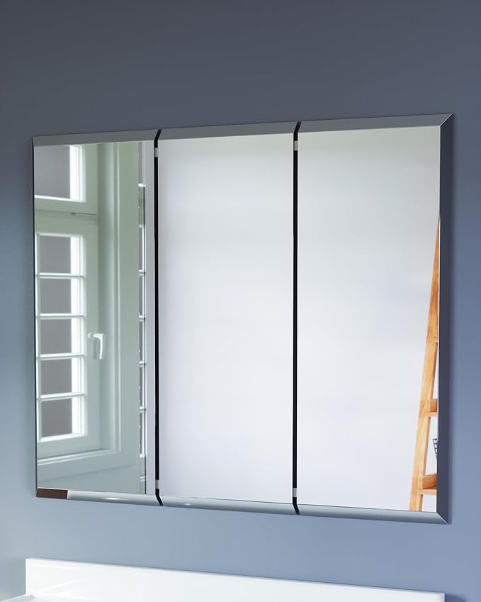 Design House Cyprus Medicine Cabinet, 3 Frameless Mirrored Doors, 2 Adjustable Shelves, Pre-Assembled, Surce or Recess-Mounted, White, 36.3 in. W x 4.4 in. D x 30.1 in. H, 590265