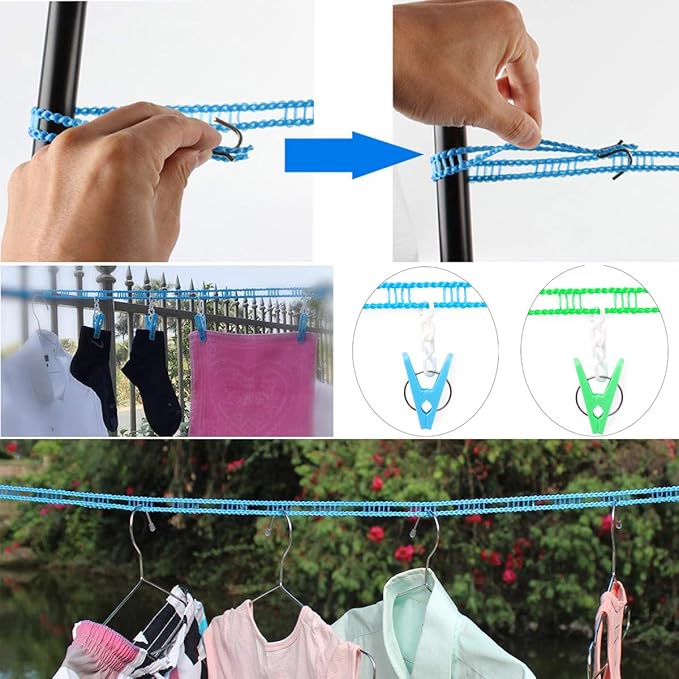 Clotheslines 2 Pack Clothesline Clothes with 24 Pcs Clips Drying Rope Portable Windproof for Travel Indoor Outdoor Laundry Clothes Line Hanger Camping Home