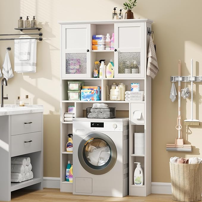 Over The Toilet Storage Cabinet, Bathroom Shelf Over Toilet with Hammered Grain Glass Doors and Adjustable Shelves, Freestanding Home Space Save Toilet Rack for Restroom, Bathroom, Laundry (White)