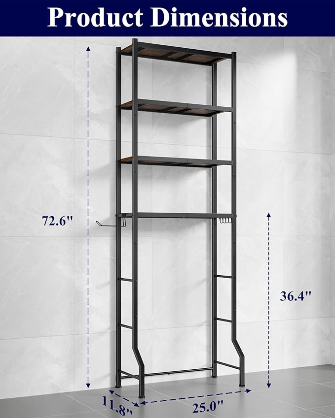 Kitsure Over The Toilet Storage Rack - Freestanding Over The Toilet Storage Cabinet with Paper Holder & Hooks, Bathroom Organizers and Storage, Brown + Black, 4 Tiers (72.6" H)