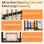 Broom Holder with Cleaning Supplies Organizer Load 350 LBS Cleaning Cart with Wheels Broom Closet Storage with 3-Tier Shelves, 6 Mop Hanger Grippers, 3 Double-Hooks, Vacuum Stand for Laundry Garage