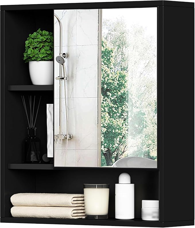 ChooChoo Bathroom Wall Mirror Cabinet, Medicine Cabinet with Single Door and Adjustable Shelf, Over The Toilet Space Saver Storage Cabinet, Black