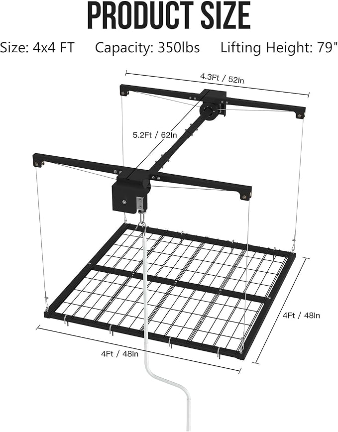 4x4 FT Overhead Garage Lifting Storage Rack, 350 lbs Capacity & 79"Lifting, Metal Garage Ceiling Rack, Adjustable Storage System with Safety Lock