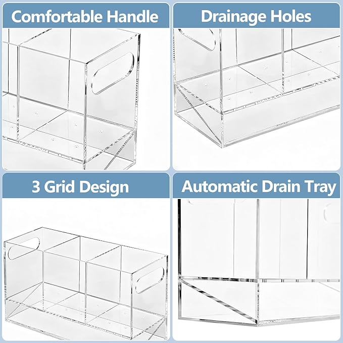 Utensil Holder, 3 Compartments Utensil Drying Rack with Automatic Drain Tray for Kitchen Counter, Transparent Acrylic Organizer for Silverware Cutlery Spoons, Forks, Knifes, Chopsticks (Clear)
