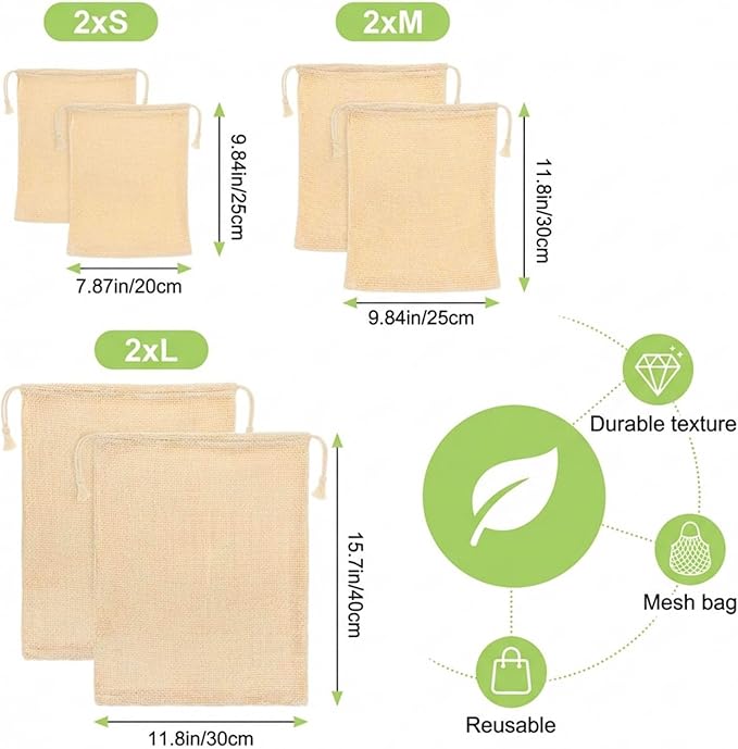 6 Pcs Reusable Produce Bags - 3 Size Drawstring Closure Cotton Mesh Bags Vegetable Grocery Cotton Mesh Bag for Fruits Vegetables Grocery Shopping, Farmers Market, Refrigerator Storage