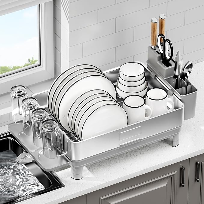 Ewaiira Dish Drying Rack, 304 Stainless Steel Dish Racks for Kitchen Counter, Dish Drainers with Automatic Drainage, Utensil Holder & Cups Holder, Space Saving Kitchen Organizer, Gray