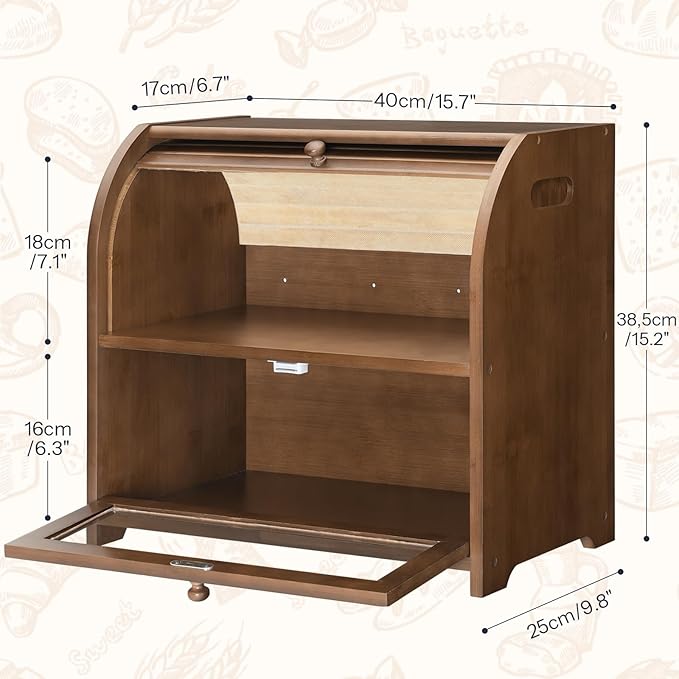 HOOBRO Bread Box, Bamboo Bread Box for Kitchen Countertop, 2 Tier Roll-Top Bread Bin, Food Storage Box, Large Capacity Keeper, Wooden Storage Cabinet, for Kitchen, Dining Room, Brown BR13MB01