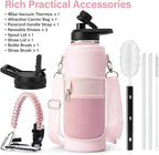 Insulated Water Bottle | Thickened Stainless Steel Vacuum Metal | Portable Sports Water Jug for Gym and Hiking with Straw, Carrier Bag, Handle Strap | BPA-Free 40 oz, Pink