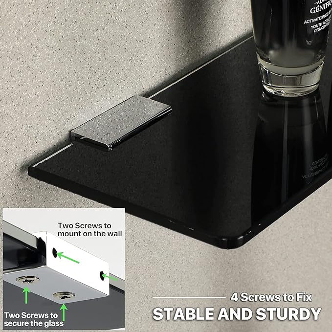 SAYAYO Floating Glass Shelves for Bathroom, Tempered Glass Shelf for Wall 15 x 5 Inch 1 Pcs, Black