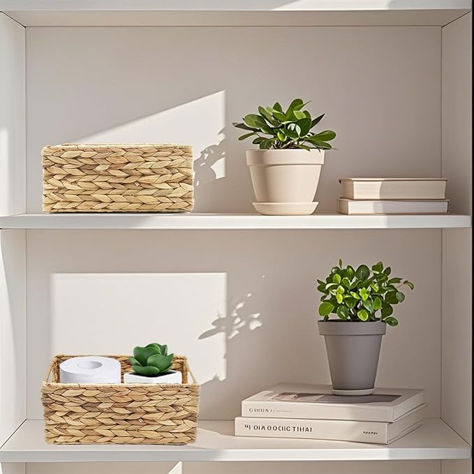 YRMT Small Water Hyacinth Storage Basket Toilet Paper Baskets with Built-in Handles Bathroom Organizer Narrow Baskets for Organizing Toilet Tank 2 Pack (Water Hyacinth)