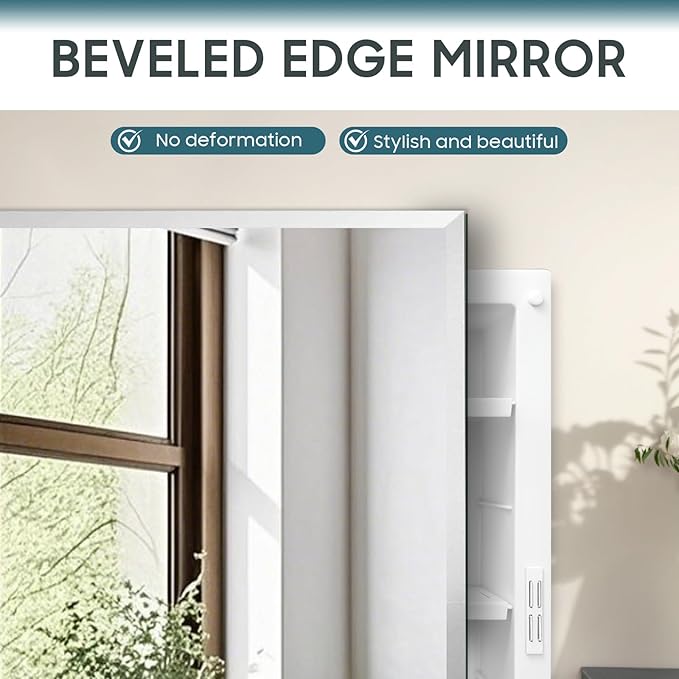 Plastic Medicine Cabinet with Mirror 17x27 inch, Recessed Medicine Cabinet or Surface Wall Mount Bathroom Cabinets with Adjustable Shelves, Beveled Edge Mirror Cabinet