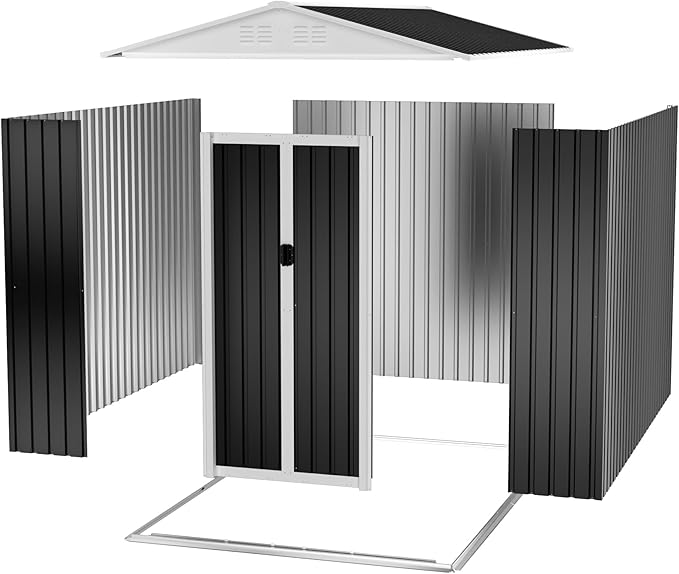 6x9FT Metal Storage Shed, Garden Tool Shed with Lockable Double Door & Sloping Roof, Outdoor Backyard Storage（Grey）