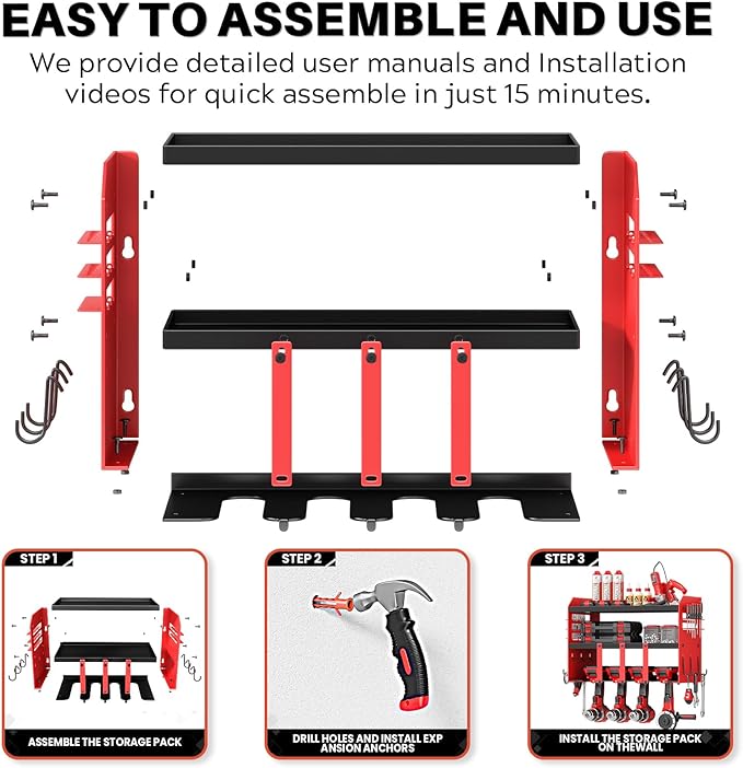 Power Tool Organizer Wall Mount - 120Lbs Load 3 Layers Storage Rack 4 Drill Holders for Drills Cordless Heavy Duty lron Garage Tool Organizer Storage - Workshop Shed Pegboard Basement, Gifts for Men