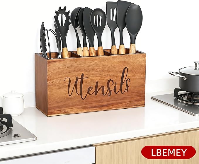 Acacia Wood Utensil Holder,Large Wooden Utensil Holder For Kitchen Counter,Big Storage Caddy With 3 Compartments Flatware Spoon Tool Cutlery (Brown)
