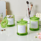 3 Pack Green Qtip Holder Dispenser, 16oz Bathroom Organizer and Storage Canisters, Glass Apothecary Jars with Lid - Home Decor, Room Decor Aesthetic
