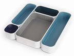 Three by Three Seattle 5 Piece Metal Organizer Tray Set for Storing Makeup, Stationery, Utensils, and More in Office Desk, Kitchen and Bathroom Drawers (2 Inch, Assorted Blue and Stripes)
