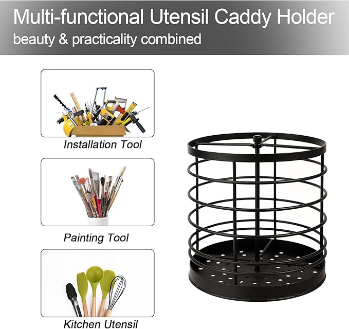 KOLUTI 360° Rotating Kitchen Utensil Holder Organizer, 7.2" x 7" Extra Large Cooking Tool Storage Round Caddy, Weighted Base with Drain Hole, Wire Metal Flatware Crock for Countertop, Paint Black