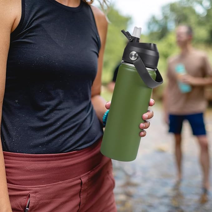18oz Insulated Stainless Steel Water Bottle, Wide Mouth Double Wall Vacuum, Silicone Straw, Sweat & Leak Proof, BPA Free Insulated Water Flask for Travel, Keep Cold 24h Hot 12h, Green