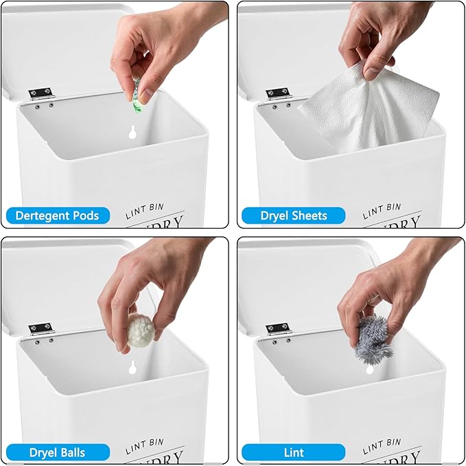 DreamsEden Laundry Lint Bin with Brush, Magnetic Wall Mount Container, 7 x 10 inch Steel Lint Collector 3.5L Storage Holder Organizer for Dryer Sheets Wool Balls Laundry Pods (White)