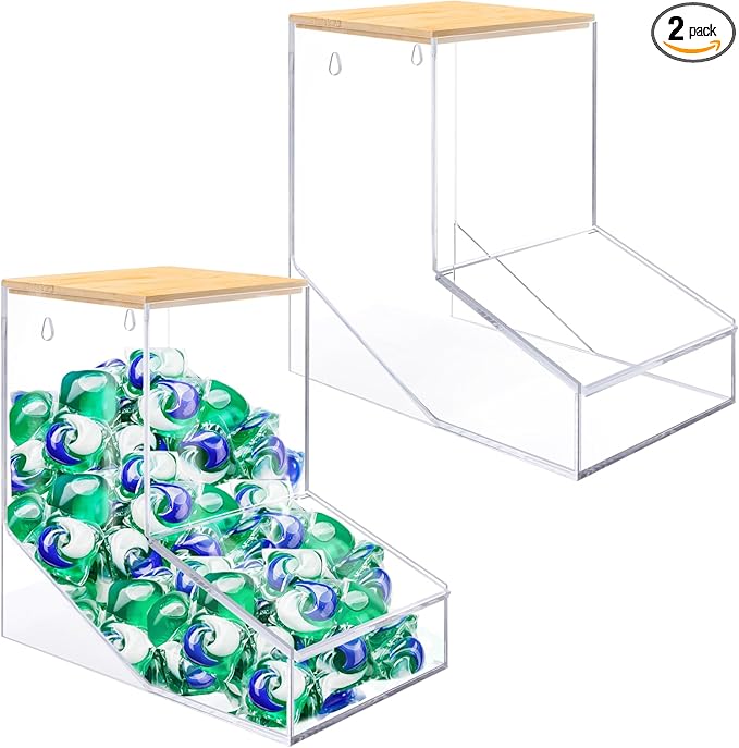 JYPS Laundry Box, Acrylic Dishwasher Pod Holder with 2 Lids, Powder Dispenser, Drying Ball, Beads, Soap Storage Case for Room Table/Wall Mounted, Snack Candy Storage (2pcs-normal)