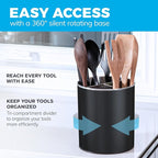 Cooler Kitchen Black Rotating Extra Large Stainless Steel Utensil Holder Caddy with Sturdy No-Tip Weighted Base, Removable Divider, and Gripped Insert - Dishwasher Safe Metal Cooking Utensil Holder