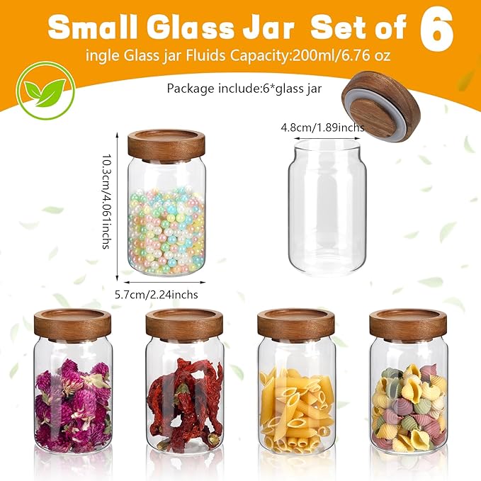 6oz Small Glass Jars with Wood Lid Spice Jar Round Food Storage Canister Clear Glass Containers Jar for Ground Seasoning Pantry Sugar Tea Coffee Bean Spice Herb Cookies(6 * 200ml(6.76oz))