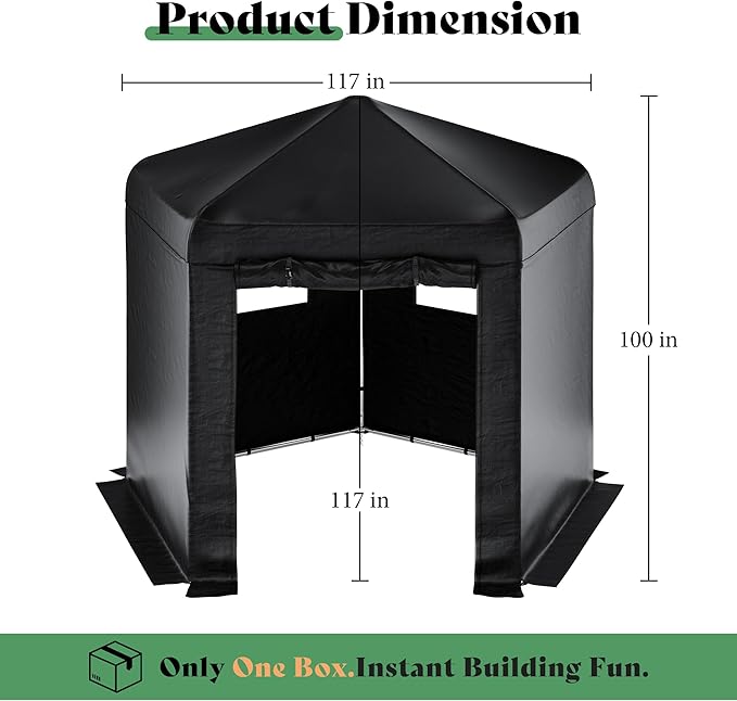 AMERLIFE Heavy-Duty 9.7×10.2×8.4 FT Pentagonal Black Storage Shed, Portable Garden Shelter with Large PVC Windows, Mesh Storage Pockets & Ceiling Hooks
