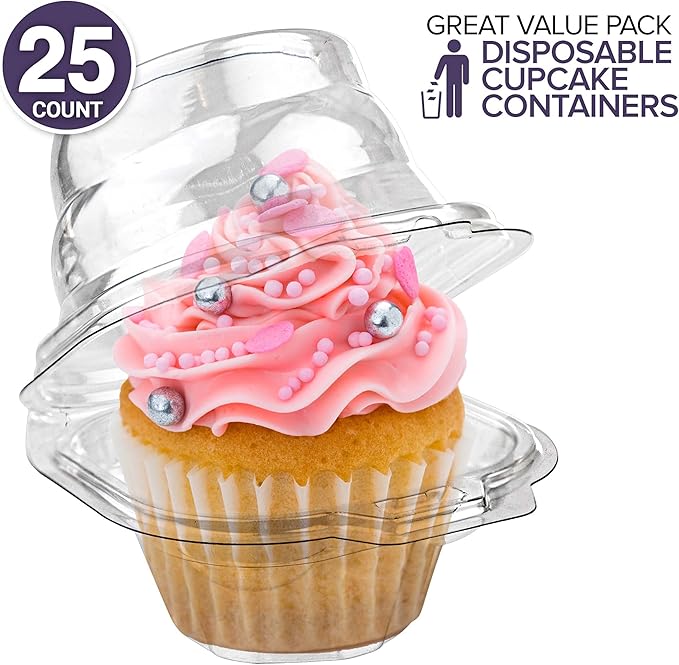 Stock Your Home Individual Cupcake Containers, 25 Pack, Cupcake Holder with Lid, Plastic Single Cupcake Container, Muffin Container, Stackable, BPA Free