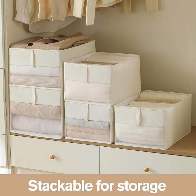 Lifespace Storage Wardrobe Organizer, Large 6-Compartment Foldable Drawer System with Handles, Beige Fabric Storage Box for Clothes, Blankets, Toys, 2-Pack (2, Cream, 20.5”X13“X9”)