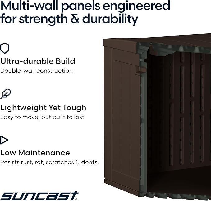 Suncast 134-Gal. Resin Extra-Large Outdoor Patio Deck Box with Pad-Lockable Lid, Modern Outdoor Patio Bench/Storage Box for Cushions, Garden Tools, and More, Java