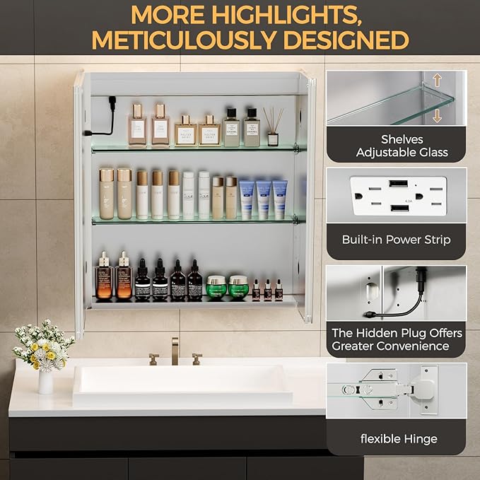 30 * 26 Bathroom Lighted Medicine Cabinet, Professional Makeup Medicine Cabinet Mirror, Large Storage LED Mirror with USBs, Stepless Dimming & Anti-Fog, 3-Color Light