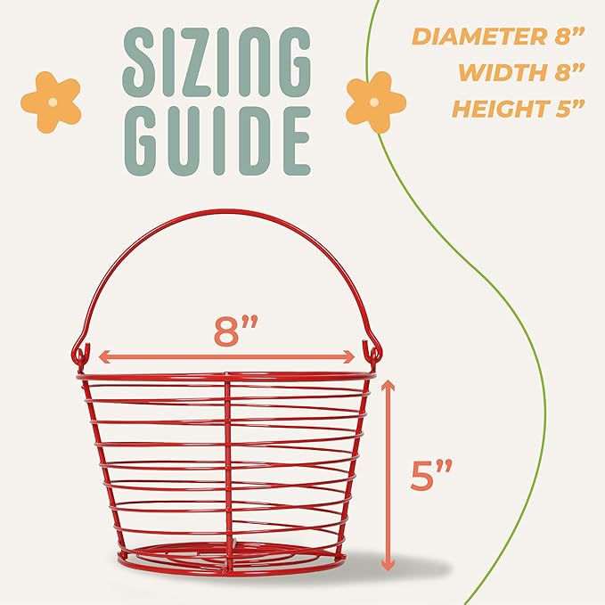 CONCORD 8" Egg Basket For Storage Collecting and Transporting Chicken and Duck Eggs. Farm Grade Wire Baskets. 2 Pack (Red)