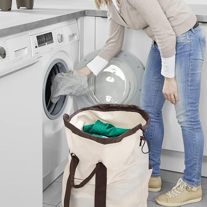 Seiritex Laundry Bag Backpack with Shoulder Straps and Detergent Holder Clothes, Travel Laundry Backpack Bag Hamper for College Dorm Room (Khaki w Brown)