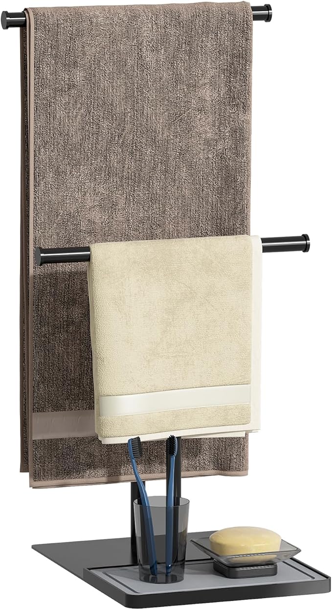 NADAMOO Towel Holder Stand with Stone Drying Tray, Adjustable Height 13.8"-24" Extra Tall for Countertop, Wide Stable Base, Rustproof Black Metal, Double Bar Hand Towel Rack for Bathroom & Kitchen