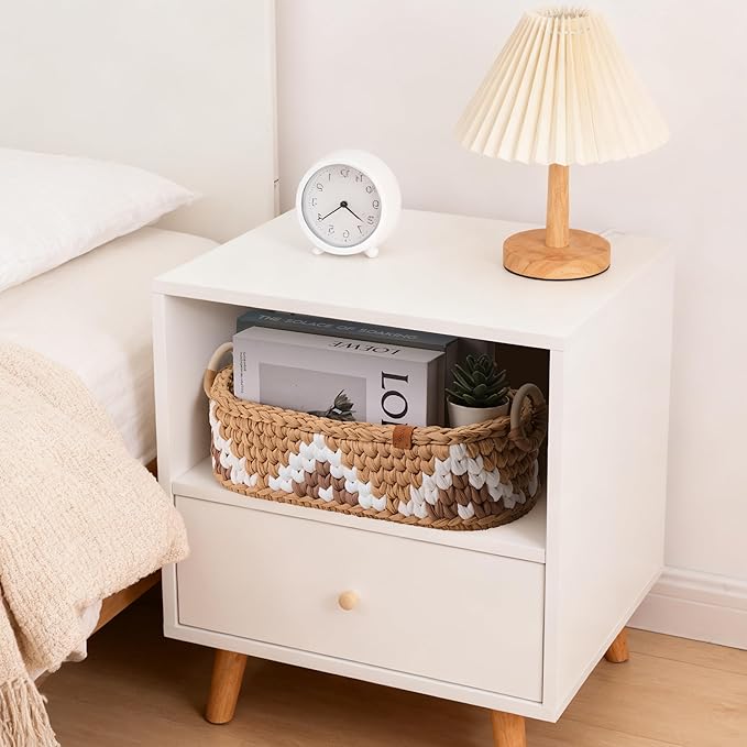 Handwoven Toilet Paper Storage Basket with Wooden Base & Handles - Boho Modern Bathroom Organizer, Small Shelf Basket for Living Room, Bedroom, Nursery (Brown)