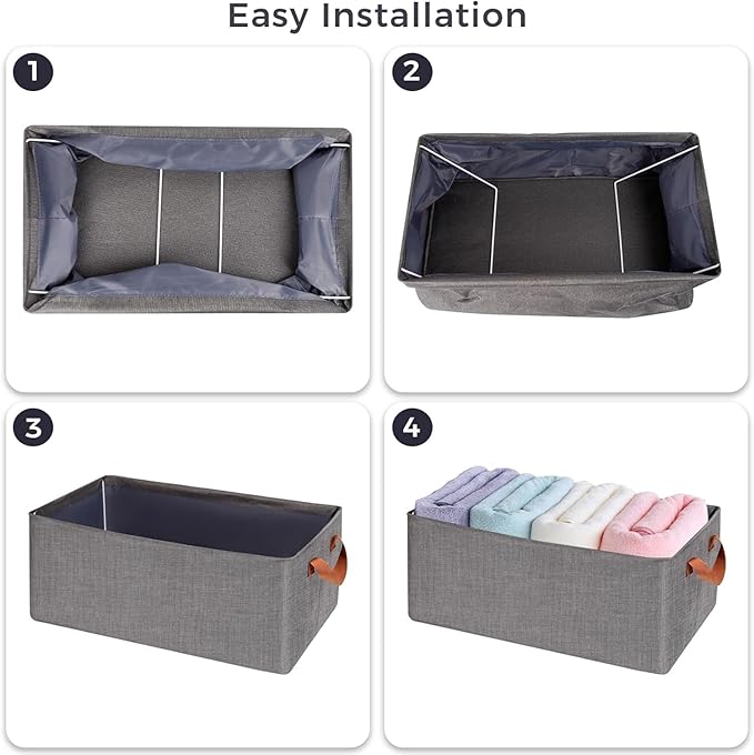 4 Pcs Closet Clothes Organizer with Handle, Fabric Storage Box with Steel Frame Stackable Shelf Storage Baskets Foldable Wardrobe Storage Box for Clothes Toys