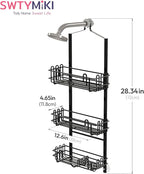 SWTYMIKI Shower Caddy Hanging Organizer - 3-Tier Rustproof Shower Organizer Over Showerhead with Adjustable Baskets, 24 Hooks, Soap & Razor Holder - No Drill Large Bathroom Storage Rack, Black