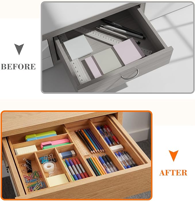Bamboo Sliding Desk Drawer Organizer 9'' up to 18'' x 15'' x 2'' Expandable Office Desk Accessories Supplies Tray with 7 Compartments for Pens, Notebooks, Rulers, and Makeup Jewelry Vanity