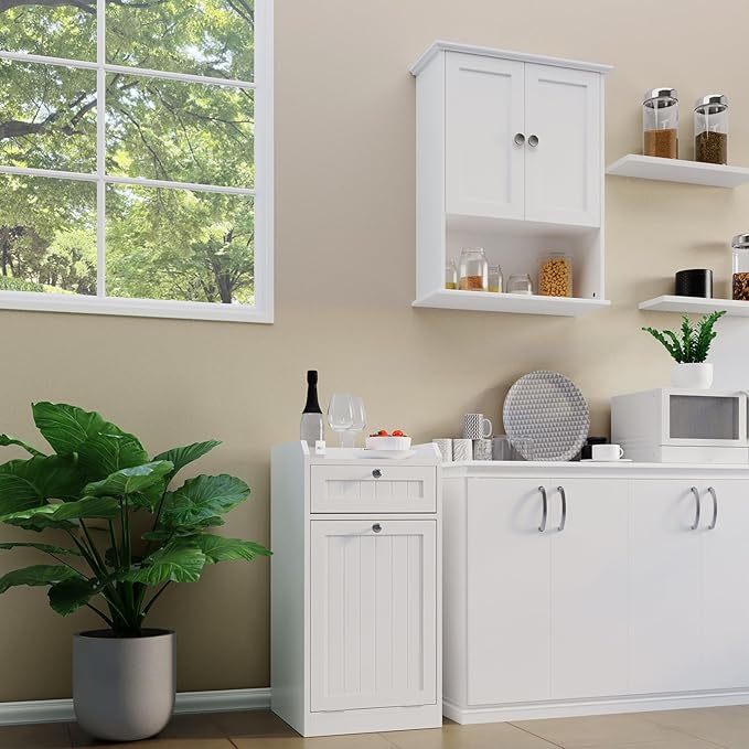 Single Tilt Out Trash Can Cabinet, Dog-Resistant, Fits 13.8"H Bins (Max 11.8"x11.8" Base), Easy Assembly, White for Kitchen & Laundry