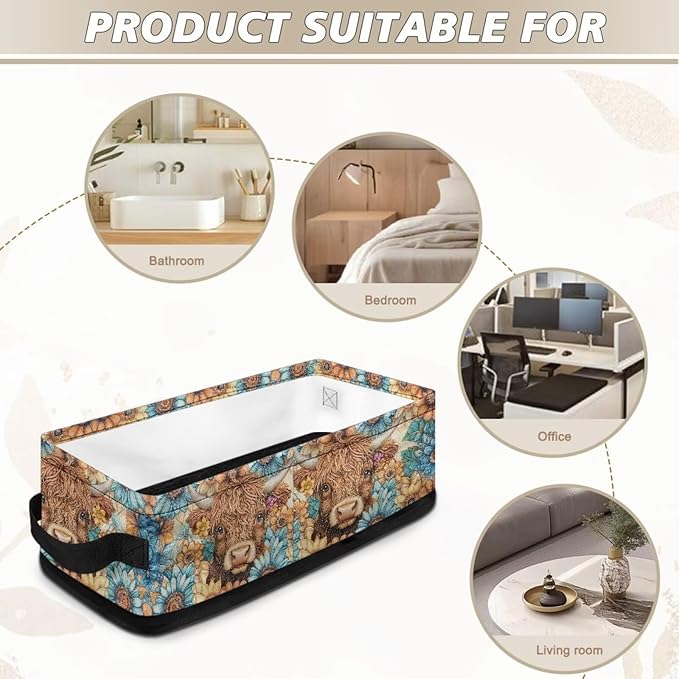 Toilet Tank Topper Paper Baskets Narrow Rectangular Storage Bins Decorative Countertop Long Basket Bins Compact Storage Box for Organizing Closet Shelf, Highland Cow Boho Flower