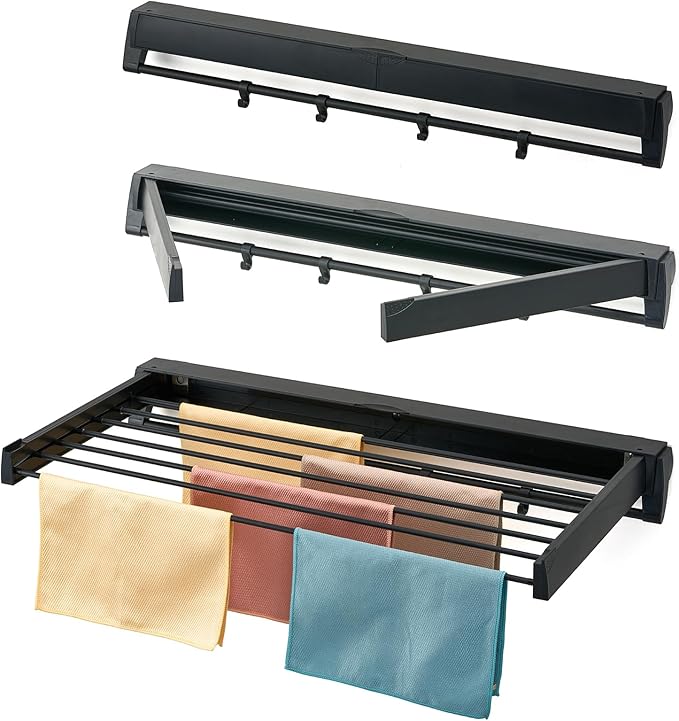 Wall Mounted Drying Rack, Aluminum Collapsible, 88 lbs Capacity, Foldable Laundry Rack for Drying Clothes (Black)
